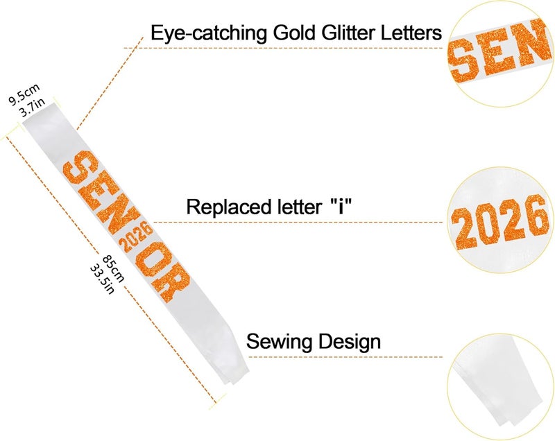 Partyprops 6Pcs White Senior 2026 Satin Sashes with Orange Glitter Letters Senior 2026 Decorations - 2026 Graduation Celebrations Sashes - Senior Cheer Sash - Cheerleader Sash - Class Competition Sashes - Image 3